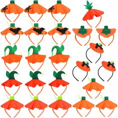 an assortment of orange and green paper hats