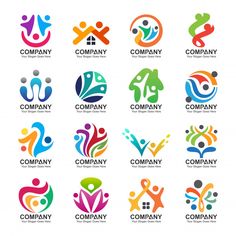 various logos for company with people in different colors and shapes on the same logo, there are