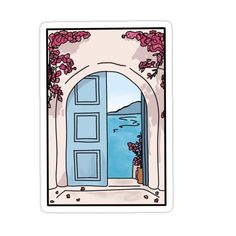 an open blue door with pink flowers on the outside and water in the background sticker