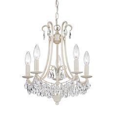 a white chandelier with crystal drops hanging from it's center and four lights on each side