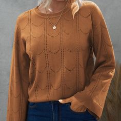 Brand New, Never Worn Perfect Fall Sweater! - Buttery Soft Fabric - Knitted Pattern - Flare Sleeves - Distress Details On Sleeve And Hip Cuffs Brown Open Knit Top For Fall, Brown Open Knit Crew Neck Sweater, Pointelle Knit Sweater, Rust Sweater, Chunky Cable Knit Sweater, Light Pink Sweaters, Tie Dye Sweater, Flare Sleeves, Lace Sweater