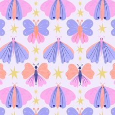 colorful butterflies and stars on a white background with pink, purple, yellow and blue colors