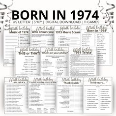 a poster with the words born in 1974 and an image of balloons hanging from strings