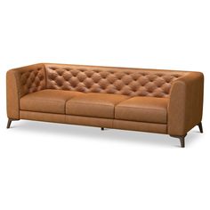 Style/Type Contemporary Mid-Century leather chesterfield sofa / 3 seat sofa General Dimensions 31"H x 89"W x 35"D Seat Height 17" Seat Depth 22.8" Arm Height 31" Weight (lbs) 130 Wood Stain Walnut Upholstery Color Tan Materials Top-grain genuine leather, Solid wood frame, kiln dried Eucalyptus wood, high density foam. Tan Sofas, Tan Leather Sofa, Modern Chesterfield Sofa, Modern Furniture Sofas, Modern Chesterfield, Tan Leather Sofas, Leather Couches, Couches For Living Room, Leather Sofa Couch