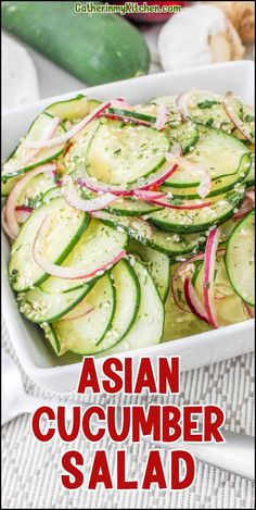 Transform your meal times with this Easy Asian Cucumber Salad. Delicately dressed in a blend of sesame oil, rice vinegar, and spices, this salad is a satisfying, quick, and healthy dinner recipe. Top with toasted sesame seeds for that perfect finish! Recipes With Rice Vinegar, Easy Asian Cucumber Salad, Cucumber Salad Vinegar, Asian Salad Recipe, Asian Seasoning, Vinegar Cucumbers