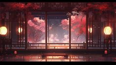 an empty room with red trees and lanterns