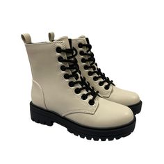 Soda Epsom Women's Off White Combat Style Boots These Have A Lace Up Front With A Side Zipper And A Chunky Black Platform. They Are Similar To Doc Martens Brand New In Box Multiple Sizes Available Perfect For A Festival Set, Rave Outfit, Dolls Kill Shoes, Demonia Lovers, Everyday Footwear, With 90s Grunge Clothing And More #Nwt #Summer #Punk #Goth #Alternative 90s Grunge Clothing, Shoes Demonia, Summer Punk, Dolls Kill Shoes, Combat Style, Grunge Clothing, Soda Shoes, Rave Outfit, Style Boots