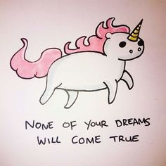 a drawing of a unicorn with a pink mane on it's head that says none of your dreams will come true