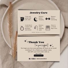 Jewelry Care Card & Thank You Cards (3.5in x 2in) that are INSTANTLY customizable via Canva (FREE). Print them as they are or customize them according to your taste. Bring your jewelry packaging to the next level with these jewelry care card Canva templates! PLEASE NOTE, THIS IS A DIGITAL DOWNLOAD ONLY. No physical product will be shipped. INSTRUCTIONS 1. Purchase the listing on Etsy. 2. Download the file which contains the link to your templates 3. Click on the link, sign in, or create a free Canva account (you DON'T need to pay for the Canva pro version). 4. Start editing. 5. Once you're happy with your designs, you can print the cards at home or your local print store. You can also upload the files to professional printing services like Vistaprint or MOO to have them printed and shipped Jewelry Care Card, Custom Jewelry Packaging, Business Jewelry, Jewelry Packaging Design, Luxury Branding Design, Customizable Jewelry, Jewelry Care Instructions, Printed Sheets, Jewelry Card