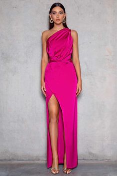 Wenona Dress - Fuchsia One Shoulder Pre-draped Satin Party Dress, One Shoulder Ruched Gown For Gala, Satin One Shoulder Evening Dress, One Shoulder Satin Maxi Dress For Evening, One-shoulder Ruched Bodice Cocktail Gown, One-shoulder Gown With Ruched Bodice For Cocktail, One Shoulder Gown With Ruched Bodice For Cocktail, Satin Finish Evening Dress With Asymmetrical Neckline, Satin Finish Dress With Asymmetrical Neckline For Evening