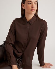 Stretch silk that you can wash? Just for you. This classic silk blouse has a bit of stretch for a more forgiving fit and additional versatility. Perfect for work meetings, or stepping out to brunch. Plus, silk fiber contains 18 kinds of amino acids that make it amazing for skin nourishment, hypo-allergenic, and naturally thermoregulating to help maintain body temperature.  | Quince | Women's Washable Stretch Silk Blouse in Hot Fudge, Size XL Classic Brown Blouse For Office, Classic Brown Blouse For Work, Classic Brown Office Blouse, Classic Silk Tops, Elegant Brown Top For Work, Chic Brown Shirt For Workwear, Chic Brown Shirt For Work, Elegant Brown Tops For Business Casual, Elegant Brown Top For Business Casual