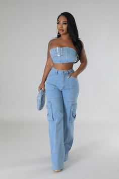 DETAILS: Style GT26800 Two piece set Tube top Denim Zipper closure High waisted jeans Non-stretch Denim Button zipper closure 75% cotton 30% polyester 5% spandex Hand wash cold Inseam is 36 inches Model is wearing a small MODEL STATS Height: 5.3"Bust:33" / Waist:28" / Hips:42" Please see size chart for information on the fit Denim Two Piece Outfit Black Women, Two Piece Outfit Black Women, Denim Two Piece Outfit, Denim Palazzo, Dinner Outfit Classy, Bougie Outfits, Denim Two Piece, Jean Set, 20 Birthday