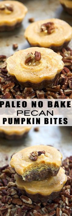 baked pecan pumpkin pie bites are stacked on top of each other with the words pale no bake pecan