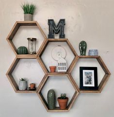 three hexagonal shelves with plants and pictures on them, each containing the letter m