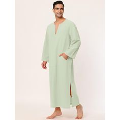 There is a pocket on the front for storing small items, which is convenient and practical. Made of soft fabric, it will be comfortable to wear, and you can enjoy leisure and sleep time at home. The long-sleeved gown is designed with a V-neck and pullover style for easy wearing and taking off. This nightshirt is suitable for beaches, holidays, festivals, home wear, and daily casual wear. Machine Wash Cold Inside Out. Model Body Size: Height: 6'1", Chest: 38 2/8 inches, Waist: 30 6/8 inches, Hip: Comfortable Sleepwear With Pockets For Home, Cotton Sleepwear With Pockets For Relaxation, Solid Cotton Sleepwear With Pockets, Green Cotton Sleepwear With Pockets, Comfortable Solid Color Sleepwear With Pockets, Sleepwear With Pockets, Comfortable Solid Sleepwear With Pockets, Casual Cotton Nightgown For Relaxation, Summer Sleepwear With Pockets For Relaxation