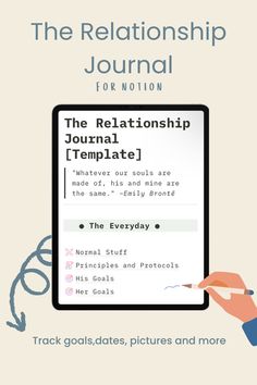 a hand holding a tablet with the text, the relationship journal