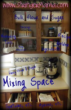 a kitchen cabinet filled with lots of containers and items for mixing spices, baking utensils and other things