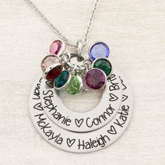 This personalized necklace is a striking addition to any mother or grandmothers jewelry box because it captures not only your children’s names but their birthstones as well for a pop of color. INCLUDES: 1" washer (top) 28 characters 1 1/4" washer (bottom) 34 characters silver plated Swarovski birth stone charms stainless steel necklace chain of your choice Gift box included Engraved for a permanent design that will not fade over time. Hand Crafted in the USA by Heartfelt Tokens. S Names, Necklace With Kids Names, Grandmother Jewelry, Necklace For Mom, Mom Necklace, Custom Name Necklace, Birthstone Charms, Steel Necklace, Personalized Necklace