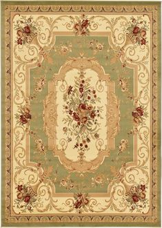 an area rug with flowers and scrolls on the border, in beige and green colors