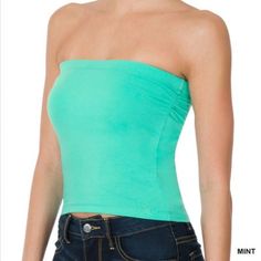 Cotton Crop Top Tube Top With Built-In Bra Fabric: 95% Cotton, 5% Spandex. The Fabric Has Stretch In It And Hugs Your Body. Total Body Length: 12.25", Bust: 27" - Measured From Small. Add 2" For Each Up Size Available In Sizes Small, Medium, Large And Extra Large Color: Mint. Perfect Cool Color For Summer Crop Top Spring Blue Seamless Tube Top, Blue Fitted Bandeau Tank Top, Fitted Blue Bandeau Tank Top, Blue Seamless Bandeau Top, Spring Bandeau Top In Elastane, Fitted Seamless Green Tube Top, Blue Stretch Bandeau Top, Blue Bandeau Tank Top For Spring, Spring Blue Bandeau Tank Top