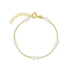 This unique double stranded freshwater cultured pearl bracelet is the perfect gift for a baby girl's first birthday. An elegant 14k yellow gold bracelet beautifully crafted with double 3mm freshwater cultured pearls stranded delicately throughout the chain. This beautiful bracelet measures 5" and can be extended to 6" to safely and securely fit around your little ones wrist. Gift Box included. Kids Gold Jewelry Baby Girl, Elegant Adjustable Gold Bracelet For Mother's Day, Gift White Gold Bracelet With Pearl Drop, Gold Akoya Pearl Single Strand Bracelet, Gold Pearl Bracelet With 14k Gold Chain, Classic Gold Pearl Bracelet Hypoallergenic, Yellow Gold Pearl Bracelets With Pearl Charm, Yellow Gold Pearl Bracelets With Pearl Drop, Yellow Gold Pearl Chain Bracelet For Anniversary