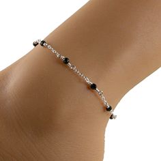 black crystal silver chain anklet Aesthetic Silver Anklets, Silver Black Beads Anklets, Ankle Bracelets Silver, Elegant Black Bracelets With Silver Chain, Elegant Black Bracelet With Silver Chain, Elegant Black Beaded Anklets, Elegant Silver Anklets With Lobster Clasp, Anklets Black, Black Anklet