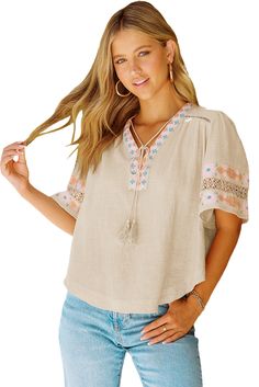 Beige Tassel Drawstring Embroidered Half Sleeve V Neck Top Top With Bell Sleeves, Elegant Embroidery, Flattering Tops, Embroidered Linen, Loose Fitting Tops, Pullover Designs, Lace Embroidery, Brown Beige, Half Sleeve