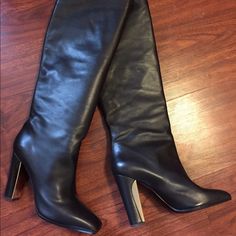 Authentic Salvatore Farragamo Leather Knee High Boots! Gold Embellishment On Heels. Slip On Boot. Brand New Never Worn! Size 40 = 10 Retails For $800.00 Selling For $300.00 Formal Snip Toe Heeled Boots For Fall, Luxury Snip Toe Heeled Boots For Fall, Designer Snip Toe Boots For Party, Formal Heeled Boots With Leather Lining And Snip Toe, Elegant Snip Toe Formal Boots, Formal Fitted Heeled Boots With Stacked Heel, Elegant Formal Snip Toe Boots, Formal Calf Leather Snip Toe Boots, Luxury Formal Boots With Snip Toe