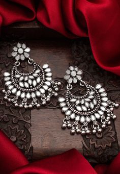 Alloy Based Oxidised Chandbali Earrings in Silver Adorned with Mirror and Beads Work Its Length is 7 cms Silver Chandbali Earrings, Earrings Silver Indian, Mirror Jhumka Earrings, Chandbali Earrings Silver, Oxidised Mirror Earrings, Oxidised Earrings Jhumkas, Silver Oxidised Jewellery Indian, Oxidise Earrings, Oxidised Jewellery With Kurti