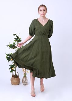 Unmissable! Check out this Wrap Dress Dark Green Dress, Linen Dresses, Hand made Clothing, Linen Kimono Dress, Mother Of The Bride Dress, Summer Dress,Plus Size Dress only at $118.00. #RetroStyle #DressForWomen #LongLinenDress #ALineDress #GiftForMom #LinenDress #FittedCutDress #SummerDress #LongDress #CustomizedDress Dark Green Linen Dress, Vintage Linen Dress For Spring, Spring Vintage Linen Dress, Spring Olive Linen Dress, Vintage Knee-length Linen Dress, Olive Dress Outfit, Summer Dress Plus Size, Green Linen Dress, Wardrobe Minimalist