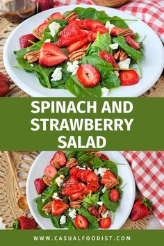 spinach and strawberry salad on a white plate with strawberries, pecans and feta cheese