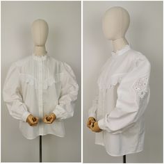 "Vintage white cotton blend blouse. Featuring embroidery detailing at the front and on the sleeves and collar. Fastens with buttons to the front. Made from crisp cotton fabric. Fabric: 50% cotton 50% polyester Brand: Welte / Made in Austria Perfect vintage condition - couple tiny marks on sleeves hardly noticeable Fits size UK 20 / XL or smaller depending on desired fit (size 48 on the label). Mannequin is size UK 6. Measurements (taken laid flat and doubled when applicable): Bust: 51\" / 129cm Yellow Apron, Dirndl Dress, Embroidery Detailing, Plaid Blouse, Pinafore Dress, Lightweight Cardigan, Embroidery Details, Vintage Wear, Stunning Dresses