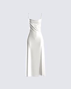 Have them on one knee instantly after seeing you in this white, strappy midi dress 🤍 This dress is made in a satin flowy fabric, with a side slit detail, and front draping to add a little taste of sexy elegance 🕊️ White Satin Midi Dress, White Dress Classy, White Corset Dress, White Satin Dress, Simple White Dress, Elegant White Dress, White Silk Dress, Shrug For Dresses, White Slip Dress