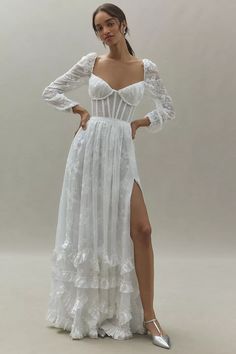 V. Chapman Carmella Long-Sleeve Ruffled Chiffon Maxi Dress | Anthropologie Ethereal Dresses, V Chapman, Backyard Wedding Dresses, Long Sleeve Boho Dress, White Lace Maxi, Bridal Shower Dress, Dress Flowy, Romantic Lace, Wedding Dresses Plus Size