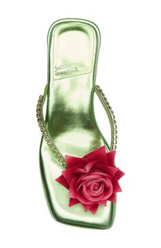 Jewel-encrusted straps and a charming floral appliqué create a whimsical aesthetic on a metallic flip-flop framed by a square toe and chunky low heel. 1 1/2" heel (size 8.5) Synthetic upper/leather and synthetic lining/synthetic sole Imported Square Sandal Heels, Pink And Green Clothing, Flip Flop Heels, Chunky Kitten, Heels Design, Whimsical Aesthetic, Jewel Encrusted, Floral Heels, Funky Shoes