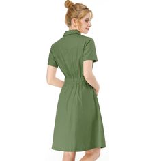 The casual, elegant look of this pretty dress will keep you looking great all the time. The short-sleeve shirt dress is cut with a relaxed silhouette and features a drawstring to cinch in the waist and plenty of practical pockets. Pair it with ankle boots or heels for a chic silhouette. Perfect for spring, summer, and autumn, and it is also suitable for any occasion. Casual Half Sleeve Shirt Dress, Green A-line Casual Shirt Dress, Casual Green A-line Shirt Dress, Short Sleeve Solid Color Shirt Dress For Summer, Casual Short Sleeve Dress For Spring Daywear, Short Sleeve Solid Color Shirt Dress For Work, Green Knee-length Casual Shirt Dress, Solid Color Short Sleeve Shirt Dress For Summer, Casual Green Knee-length Shirt Dress