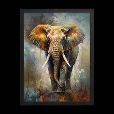 an elephant with tusks standing in front of a painting