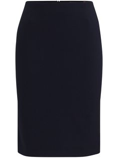 navy blue virgin wool pencil silhouette high waist concealed rear zip fastening above-knee length straight hem Black Office Skirt, Navy Pencil Skirt, Pencil Silhouette, Office Skirt, Black Office, Wardrobe Edit, Yoko London, Pencil Skirts, Exclusive Fashion