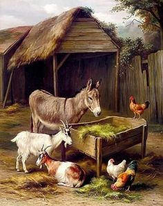 a painting of farm animals eating hay in front of a barn with chickens and donkeys