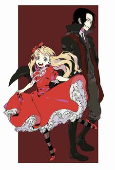 two anime characters are standing next to each other, one is wearing a red dress