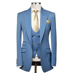 Package Includes: 1 x Jacket - 1 x Waistcoat - 1 x Pant

 	Fabric: 120s
 	Lining Fabric: Silk
 	Pattern: Solid
 	Construction: Half Canvas
 	Seasonality: All Season
 	Jacket: Peak Lapel, 2 Flap Pockets, 1 Ticket Pocket, Single Button Closure
 	Waistcoat:  U-shape 5-button, Shawl Lapel
 	Trouser: Flat front, side seam slant pockets, 2 Back Pockets, Zip Closure

Purchase this bespoke suit now or customize it to your exact measurements- at no additional cost- using the “customize now,” option below Slim Fit Single Breasted Three-piece Suit With Long Sleeves, Slim Fit Single Breasted Three-piece Suit, Fitted Blue Three-piece Suit With Pockets, Blue Fitted Three-piece Suit, Slim Fit Long Sleeve Three-piece Suit For Winter, Slim Fit Long Sleeve Three-piece Winter Suit, Winter Long Sleeve Slim Fit Three-piece Suit, Winter Slim Fit Three-piece Suit With Long Sleeves, Blue Double-breasted Suit