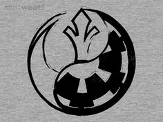 the star wars logo is shown in black on a gray shirt with an orange and white circle