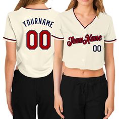 Custom Women's Cream Red-Navy V-Neck Cropped Baseball Jersey Cropped Baseball Jersey, Custom Baseball Jersey, Baseball Women, Blue Camo, Number 3, Baseball Jersey, Baseball Shirts, Shirts For Women, Button Design