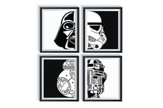 four black and white pictures with star wars characters on them, each featuring a helmet