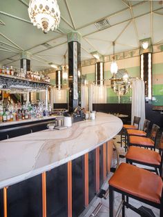 an empty bar with several chairs around it