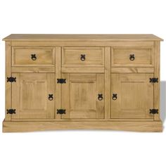 the sideboard is made out of wood and has four drawers, two doors and one drawer