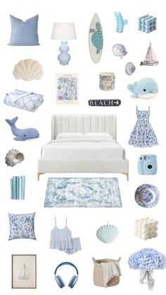 a collage of blue and white items including a bed, lamp, pillows, rugs