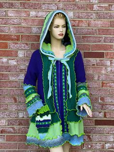 "This colorful patchwork jacket hoodie was designed and made by me from upcycled acrylic/cotton blend knits, all non-wool textiles, in a fantasy patchwork style. The cardigan sweater features a zipper closure, a contrast combination of thick cable knit and chunky sweaters, trim embellishments, and ruffled reversible seams. The patchwork jacket was a katwise-inspired pattern sweater. The patchwork coat is wearable art apparel and can be a perfect clothing gift for any woman! Size Large/14 to X-La Chunky Sweaters, Small Mannequin, Patchwork Coat, Jacket Streetwear, Patchwork Sweater, Blue Emerald, Recycled Clothing, Streetwear Hoodie, Boho Jacket