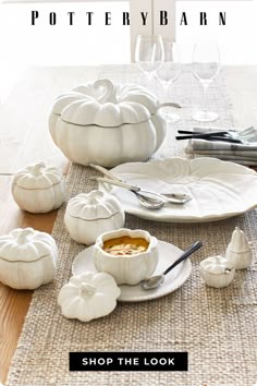 white pumpkins and dishes on a table with text overlay reading pottery barn shop the look