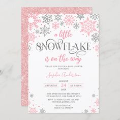 a little snowflake is on the way baby shower card with pink and silver glitter